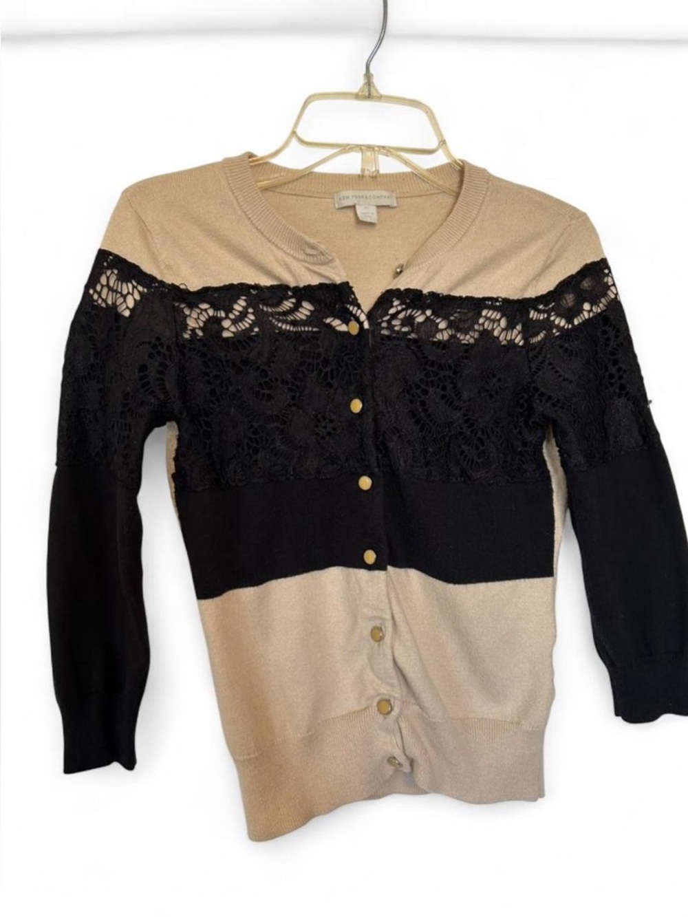 New York & Company Beige and Black Lace-Trim Cardigan